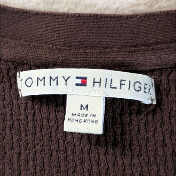 Vintage Tommy Hilfiger Tied Cardigan Sweater Women's Medium Brown Henley - Picture 4 of 8